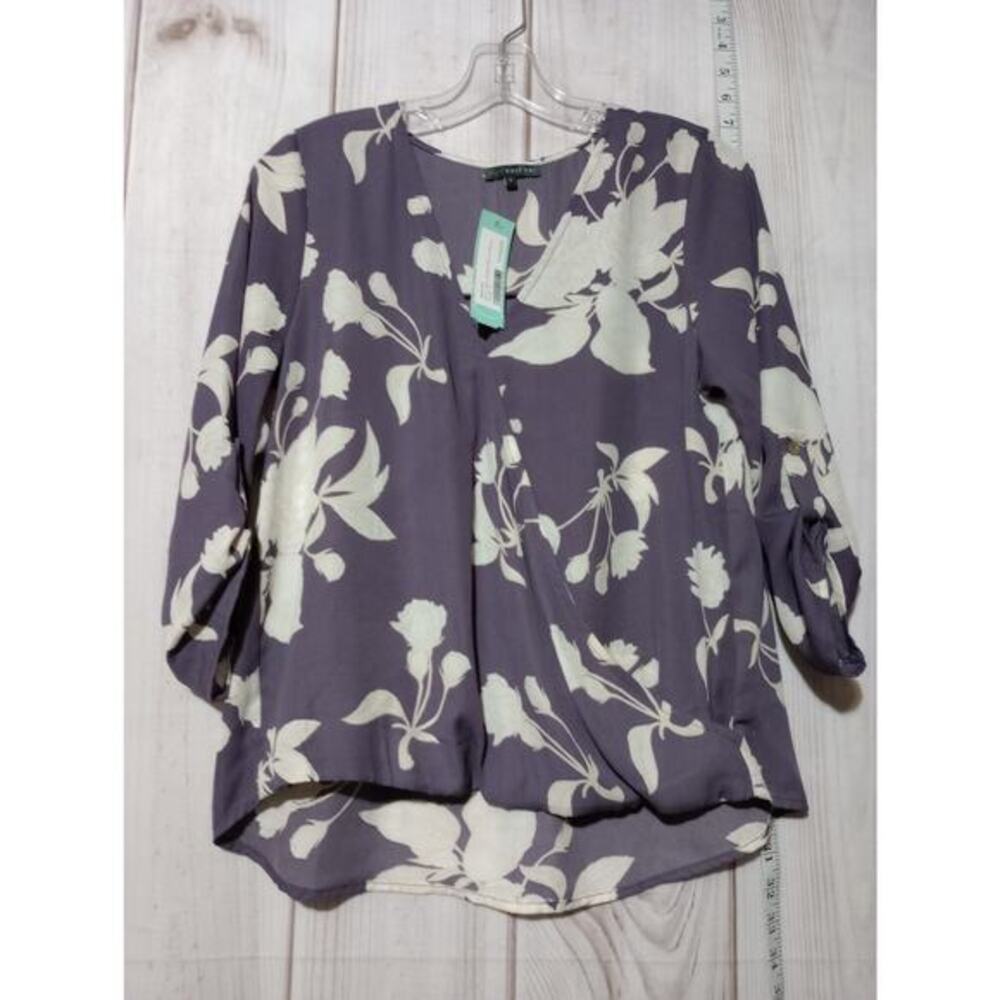 West Kei Allan Surplice Rolltab High Low Blouse Purple Floral Chiffon S
